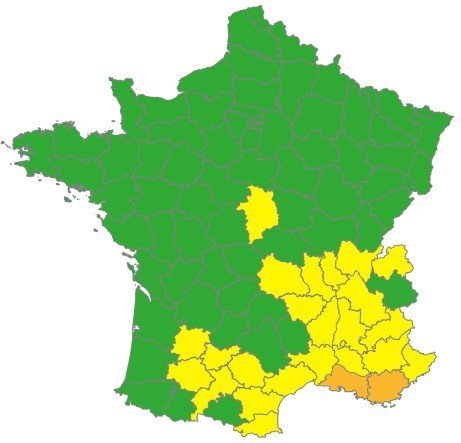 Exemple d'une carte de France des risques d'incendies par département extrait de la météo des forêts de Météo France