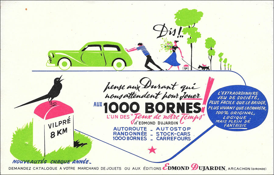 Affiche rétro du jeu des milles bornes avec une scène d'un automobiliste en panne et une femme qui demande à son mari de penser aux Durant qui les attendent pour jouer / éditions Edmond Dujardin à Arcachon en Gironde