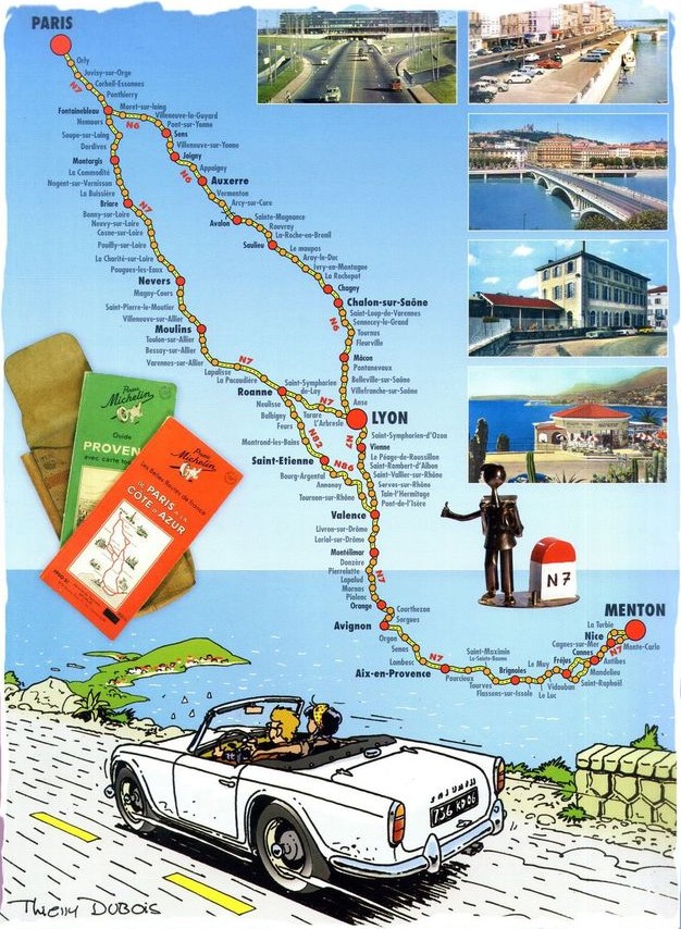 Carte de la RN7 et de sa variante RN6 avec guide et carte Michelin et dessin de Thierry Dubois