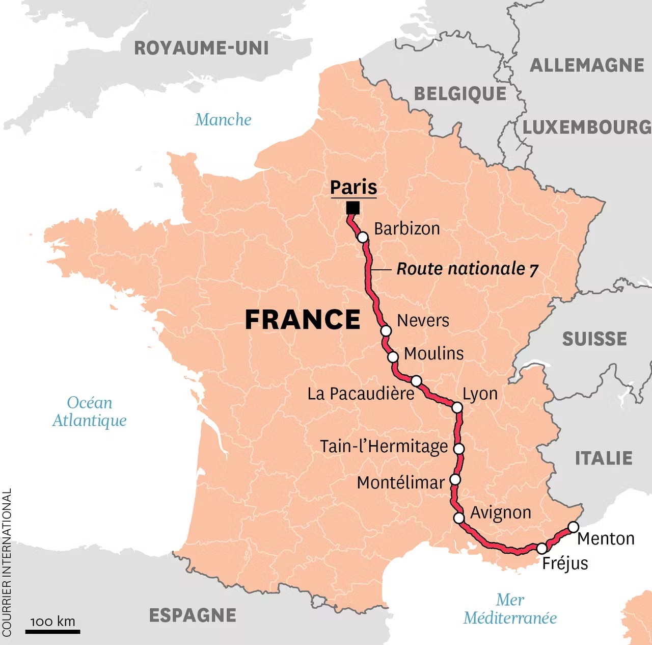Carte de France de la RN7 avec les principales villes traversées de l'article du Courrier International
