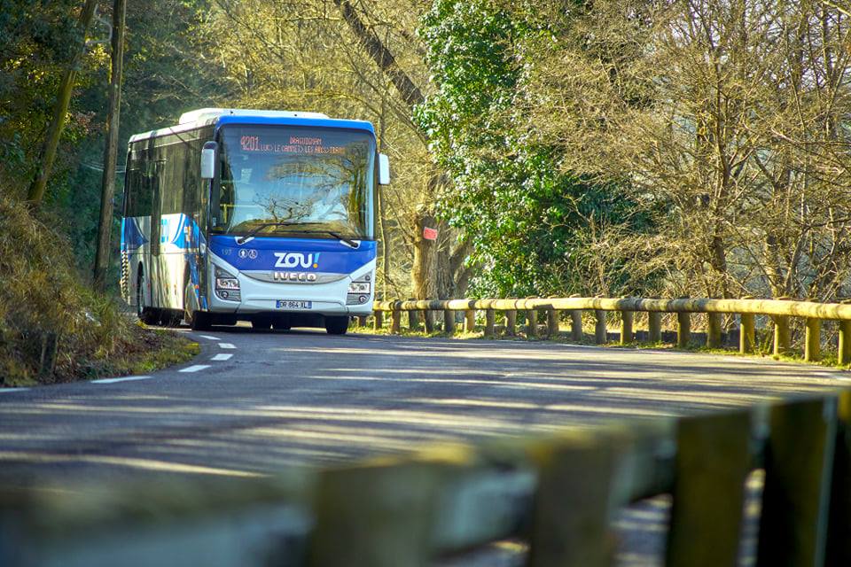 Bus ZOU circulant dans le VAr en région PACA sur une route de campagne ombragée
