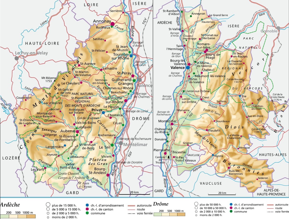 Carte humaine et physique des départements de l'Ardèche et de la Drôme / Dictionnaire Larousse