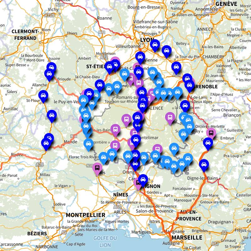 Carte des routes et autoroutes pour aller et venir en Drôme-Ardèche